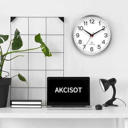 AKCISOT Atomic Silver Wall Clock Analog Clocks Battery Operated Clock for Bedroom Office Classroom Living Room(10 Inch)