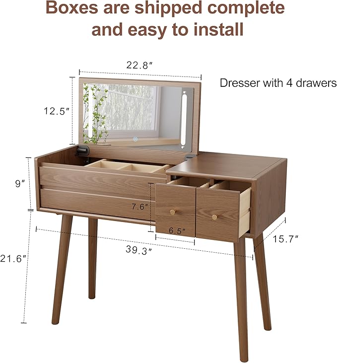 Wood Vanity Desk with Mirror and Lights, Dressing Vanity Table Vanity Set 4 Drawers, 40 Inch Large Make Up Vanity Table Wooden with 3 Lighting Modes for Bedroom Walnut(with Adapter)