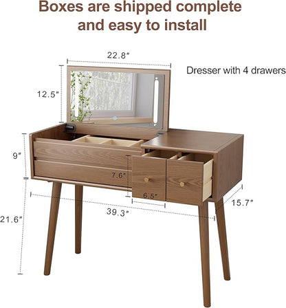 Wood Vanity Desk with Mirror and Lights, Dressing Vanity Table Vanity Set 4 Drawers, 40 Inch Large Make Up Vanity Table Wooden with 3 Lighting Modes for Bedroom Walnut(with Adapter)