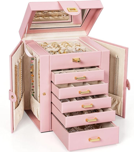 AKOZLIN 6-Tier Jewelry Box Organizer Functional 5 Drawers Leather Jewelry Storage Case for Women Girls Ring Necklace Earring Bracelet Holder Organizer with Mirror Light Pink Regular