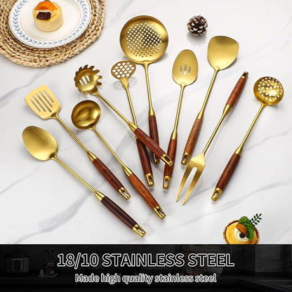 18/10 Stainless Steel Kitchen Utensils Set with Wood Handle Metal Cooking Utensils Set 10 Piece - Spatula, Spoon, Ladle, Skimmer, Slotted Turners, Pasta,Turner, Ladl, Fork