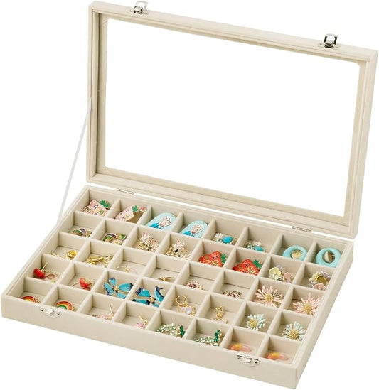 Frebeauty 40 Grid Jewelry Tray,Adjustable Earring Holder Organizer with Glass Lid,Velvet Drawer Jewelry Organizer for Rings,Studs,13.8 x 9.5 x 2 Inches Jewelry Display Box,Gift for Women(Beige)