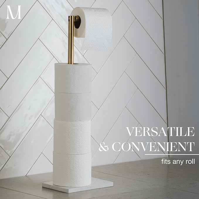 MARMOLUX ACC Free Standing Gold Toilet Paper Holder Stand White Marble Base and Storage | 4 Jumbo Roll Bathroom Hardware Toilet Tissue Organizer | Stainless Steel Bathroom Decor Accessory