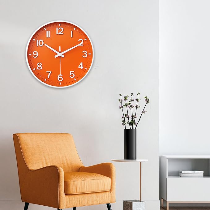 HZDHCLH Wall Clocks Battery Operated,Wall Clock Orange,14 inch Wall Clock Silent Non Ticking Modern 3D Numbers for Kitchen Bedroom Living Room Office Classroom Decor