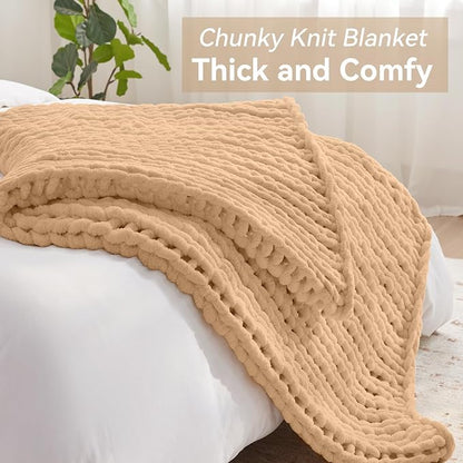 Negwoo Chunky Knit Throw Blanket, 60''*80'' Knitted Throw Chenille Yarn for Bed Couch, Handmade Beige Crochet Big Thick Blanket, Machine Washable Cute Comfy Blanket for Home Decor