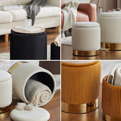 Round Ottoman with Storage Set of 2 Upholstered Velvet Vanity Stool Small Ottoman Coffee Table, Foot Stool, Removable Lid, for Living Room, Bedroom, Hallway, Assembly Free (Light Grey)