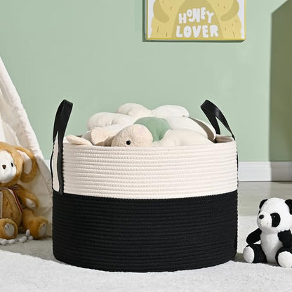 KAKAMAY Large Blanket Basket (20"x13"),Woven Baskets for storage Baby Laundry Hamper, Cotton Rope Blanket Basket for Living Room, Laundry, Nursery, Pillows, Baby Toy chest (White/Black)