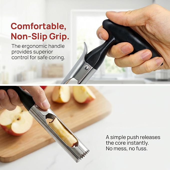 Apple Corer Tool, Stainless Steel Apple Core Remover with Easy Push Core Release, Serrated Coring Head, Non-Slip Handle, Dishwasher Safe for Apples, Pears and Bell Peppers