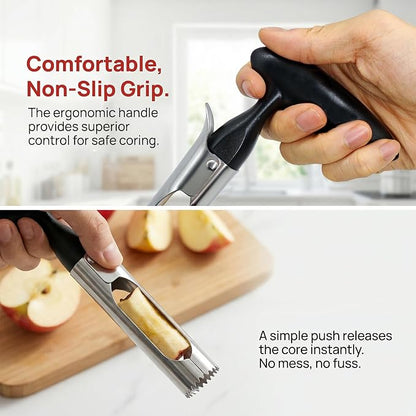 Apple Corer Tool, Stainless Steel Apple Core Remover with Easy Push Core Release, Serrated Coring Head, Non-Slip Handle, Dishwasher Safe for Apples, Pears and Bell Peppers