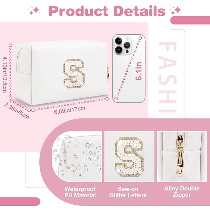 Small Initial Patch Makeup Bag Personalized Gifts Make Up Bag,White Cute PU Leather Glitter Letter Cosmetic Bag with Zipper,Trendy Portable Travel Toiletry Pouch,Preppy Stuff for Teen Girls Women S