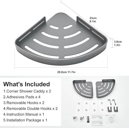 DUFU Adhesive Corner Shower Caddy with Hooks,Bathroom Shower Organizer, No Drilling Rust Proof Aluminum Shower Shelf for Inside Shower 2 Pack (Grey)
