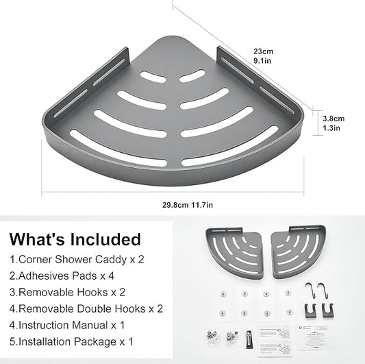 DUFU Adhesive Corner Shower Caddy with Hooks,Bathroom Shower Organizer, No Drilling Rust Proof Aluminum Shower Shelf for Inside Shower 2 Pack (Grey)
