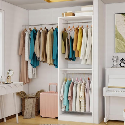 Closet System with 3 Hanging Rods& Shelf , 2FT Small Closet Organizer System Wood with Extra Side Hanging Rod for Walk in Closet Storage, Modular Closet Systems, White(2FT)