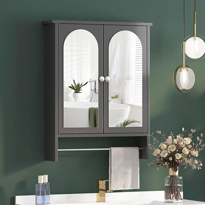 Bathroom Medicine Cabinet Mirror,Arched Bathroom Cabinet with Mirror,Surface Mount Medicine Cabinet Wall Mounted,Mirrored Medicine Cabinets with Towel Bar,Black Wall Cabinet 22x28