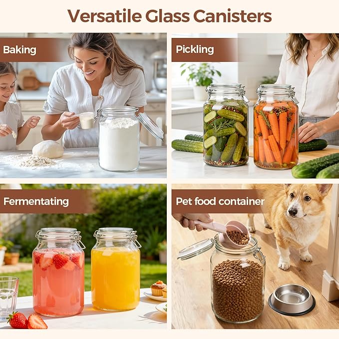 ComSaf 2 Pack 1 Gallon Glass Jars with Lids, Glass Flour Sugar Storage Containers for Pantry & Kitchen Organization, Extra Large Mason Jars with airtight lid, Coms with Labels & Massuring Cups.