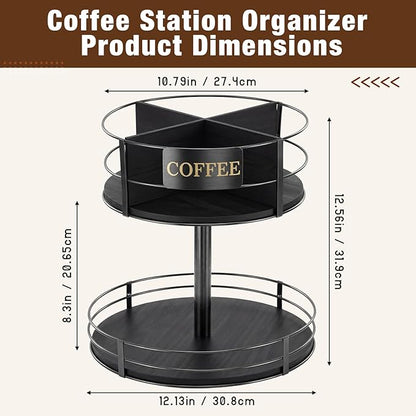 Sieral 360° Rotating Coffee Bar Organizer 2 Tier Coffee Bar Lazy Susan Wood Metal Station Organizer Holder with Convenient Grab-and-go for Countertop Pod Syrup Mug Tea Spice Snack Kitchen Office
