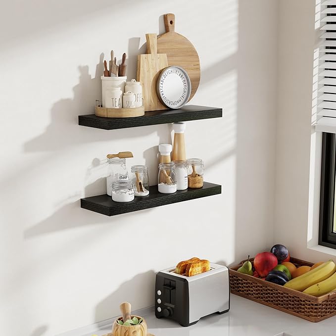Acovy 24 Inch Floating Shelves, 8 Inch Deep Floating Shelves for Wall, Hanging Shelf with Invisible Brackets, Deep Shelves for Bathroom, Bedroom, Living Room, Black, Set of 2