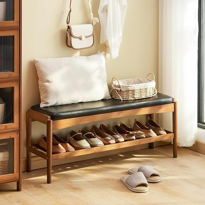Shoe Rack Bench Entryway Bamboo Shoe Storage Bench with Leather Cushion 2 Tiers Shoe Rack Entryway Bench for Hallway, Living Room,Bedroom(Black Bench top+Brown Frame)