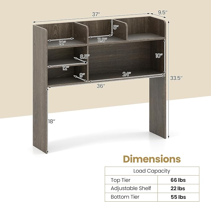 Desk Hutch, Desktop Shelf with 6 Shelves, Desk Bookshelf w/Anti-Toppling Devices, Wood Table Top Bookshelf Organizer, Small Desk Shelf for Study, Office, Dorm (Grey, 6 Shelves)