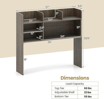 Desk Hutch, Desktop Shelf with 6 Shelves, Desk Bookshelf w/Anti-Toppling Devices, Wood Table Top Bookshelf Organizer, Small Desk Shelf for Study, Office, Dorm (Grey, 6 Shelves)