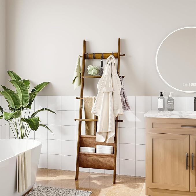 ELYKEN Blanket Ladder for Living Room, 5-Tier Wooden Towel Rack with Synthetic Leather Pocket, 4 Removable Hooks, Decorative Leaning Ladder Shelf for Bedroom, Walnut