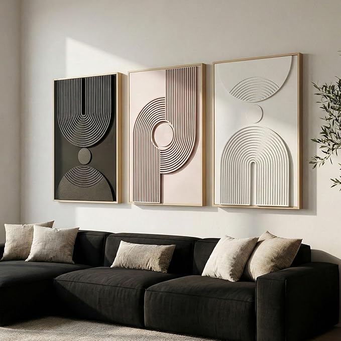 Framed 3D Textured Boho Neutral Abstract Wall Art for Living Room, 3 Piece Mid Century Modern Artwork for Walls, Creamy White Brown Relief Sculptures for Bedroom Hallway Wall Decor 20x30 In