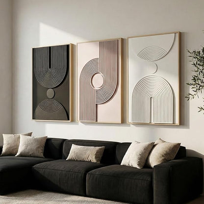 Framed 3D Textured Boho Neutral Abstract Wall Art for Living Room, 3 Piece Mid Century Modern Artwork for Walls, Creamy White Brown Relief Sculptures for Bedroom Hallway Wall Decor 20x30 In
