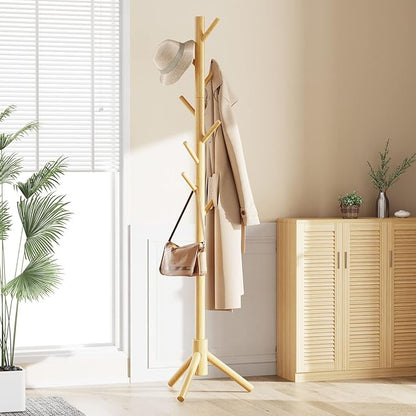 Pipishell Solid Wooden Coat Rack Freestanding, Hall Tree with 8 Hooks, 3 Height Options for Coats, Hats, Handbags, and Scarves, Tool-Free Assembly, Space Saving Design for Entryway, Office, Bedroom