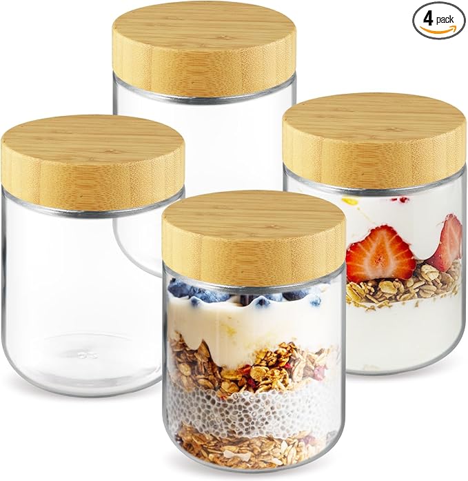 Wresty Empty Clear Glass jars with Airtight Lids Overnight Oats Containers Glass Food Storage Containers Glass Mason Jars For Yogurt Snacks Spice Sugar Jam And More (4 Pcs Bamboo Lids, 500ml/16.7oz)