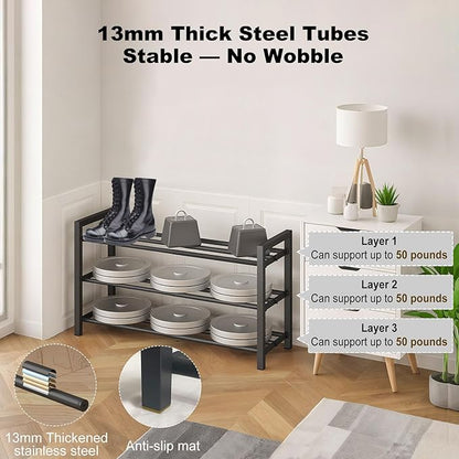 4-Tier Expandable Shoe Rack – Adjustable Metal Shoe Organizer for Closet, Entryway & Mudroom – Stackable, Heavy-Duty Storage, Black