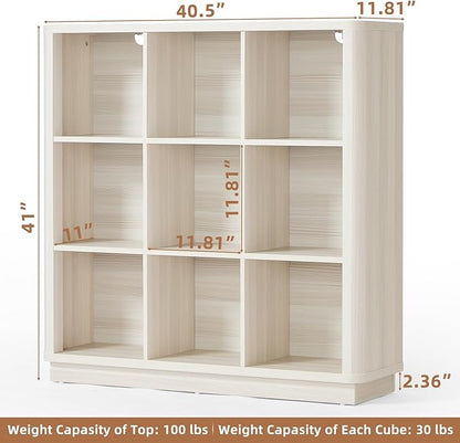 9 Cube Storage Book Shelf, 41" Tall Organizer Bookcase with Curved Edge, Wood Floor Standing 3-Tier Cubby Bookshelf with Base, Vintage Display Book Case for Bedroom,Office,Grey-White Cream Oak