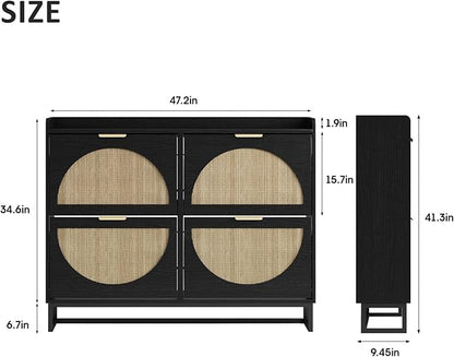 Maupvit Large Rattan Shoe Storage Cabinet with 4 Flip Drawers, Freestanding Shoe Organizer with Metal Legs for Entryway, Hidden Golden Handles, Narrow Shoe Rack Cabinet, Black