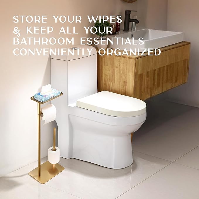 Day Moon™ Gold Toilet Paper Holder Free Standing Toilet Paper Holder with Storage - Toilet Paper Stand and Tissue Holder for Bathroom - Toilet Paper Holder with Shelf and Wipe Holder