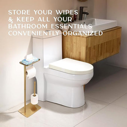 Day Moon™ Gold Toilet Paper Holder Free Standing Toilet Paper Holder with Storage - Toilet Paper Stand and Tissue Holder for Bathroom - Toilet Paper Holder with Shelf and Wipe Holder