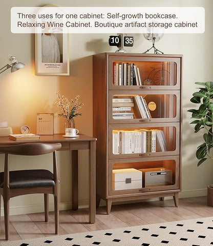 Solid Wood Book Case 4Tier Bookshelves with Tempered Glass Flip-Up Doors Brown Finish Adjustable laminate, Bookshelf Versatile Pantry Cabinet with Storage Home Office (Original Wood D14xW32xH60")