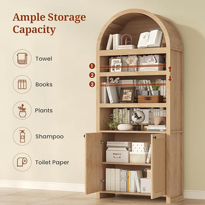 81" Tall Arched Cabinets,Bookcase with storage,Mid-Century Modern 6-Tier Bookshelf with Door,2 Book Risers and Adjustable Shelves offering more storage space for Living Room,Kitchen,Home Office,Oak