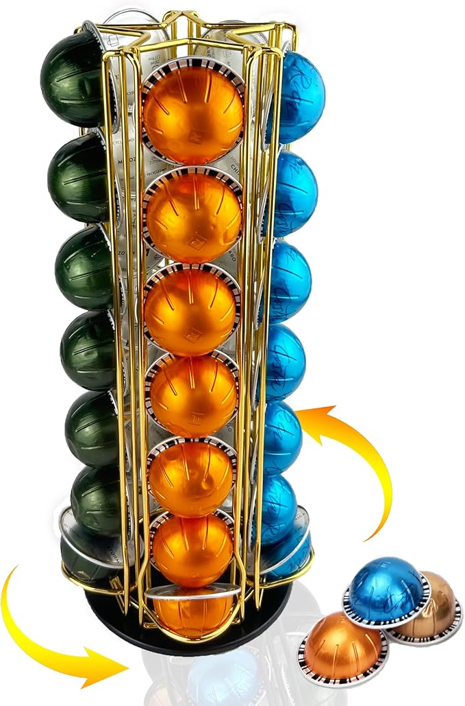 Coffee Pod Holder Carousel Organizer for Nespresso - 35 Capsule Coffee Pod Holder with 360° Rotation, Space-Saving Design for Kitchen Countertops (Gold)