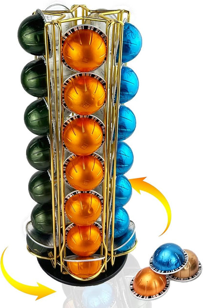 Coffee Pod Holder Carousel Organizer for Nespresso - 35 Capsule Coffee Pod Holder with 360° Rotation, Space-Saving Design for Kitchen Countertops (Gold)
