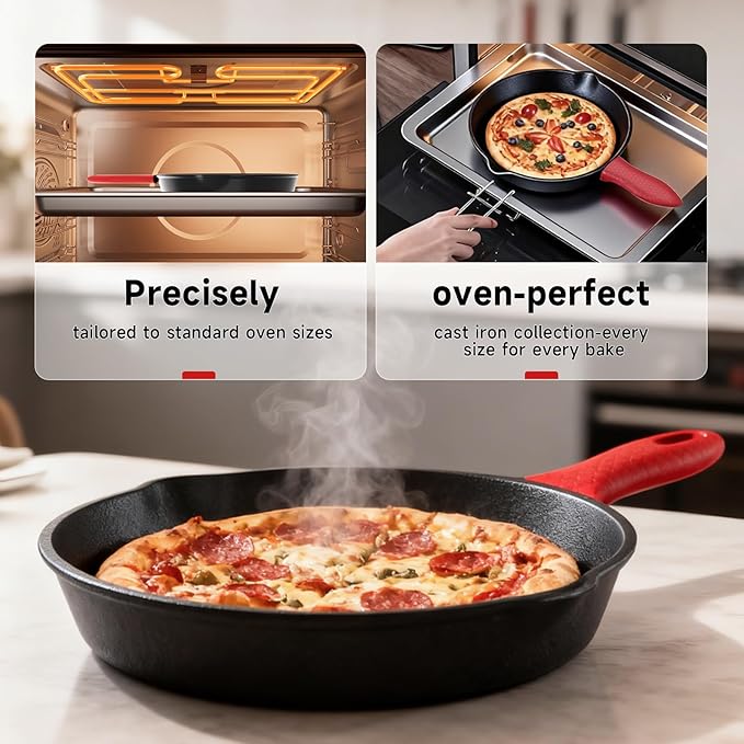 3 piece set, cookware set 6, 8, 10 Inches, for frying, saute, &more, easy use in the oven, stove, grill, or campfire, black, with silicone heat-resistant cover