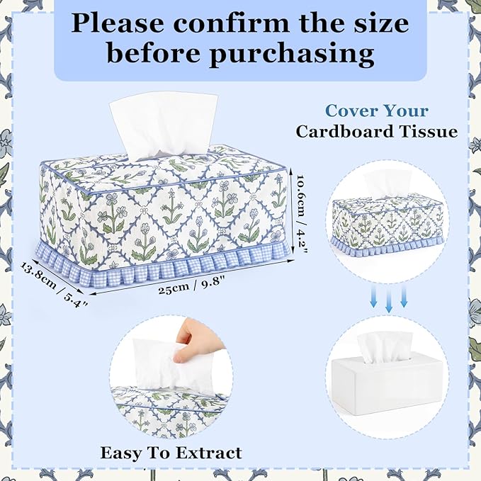 Ruffle Boho Fabric Tissue Box Cover, Handmade Rectangular Blue Green Print Floral Decorative Tissue Box Sleeve Grand Millennial Decor for Bathroom Vanity Home Office