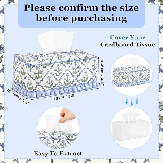 Ruffle Boho Fabric Tissue Box Cover, Handmade Rectangular Blue Green Print Floral Decorative Tissue Box Sleeve Grand Millennial Decor for Bathroom Vanity Home Office
