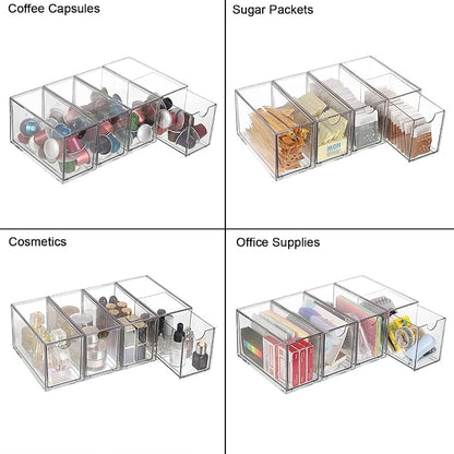ELLDOO 4 Drawers Tea Bag Organizer, Clear Acrylic Stackable Tea Bag Storage Holder for Kitchen Pantry, Coffee Pod Snack Storage for Countertop Cabinet