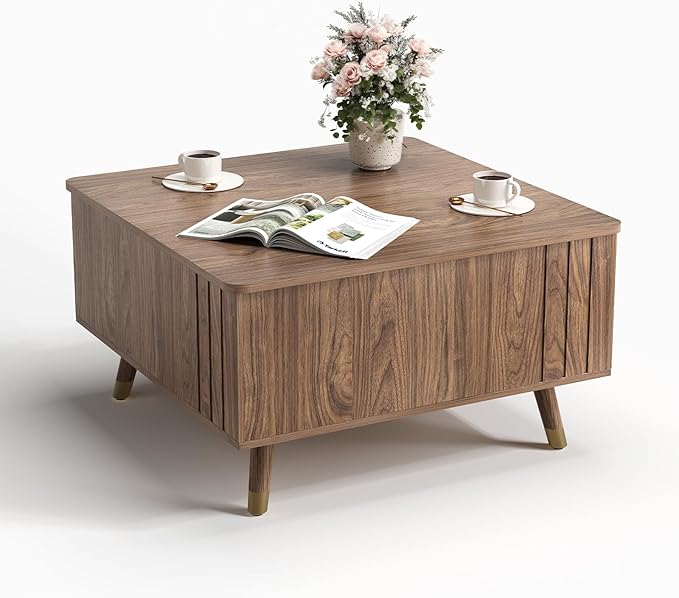 SULIVES Lift Top Coffee Table with Storage,Square Coffee Table with Lifting Top,Modern Center Table with Solid Wood Legs,Small Coffee Tables for Living Room,Walnut
