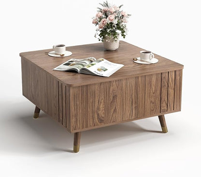 SULIVES Lift Top Coffee Table with Storage,Square Coffee Table with Lifting Top,Modern Center Table with Solid Wood Legs,Small Coffee Tables for Living Room,Walnut