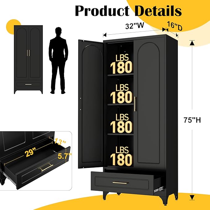 Metal Storage Cabinet with Drawers,75Inch Black Pantry Cabinets for Kitchen Storage with 3 Adjustable Shelves,Tall Kitchen Pantry Cabinet for Living Room, Dining Room，Office
