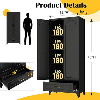 Metal Storage Cabinet with Drawers,75Inch Black Pantry Cabinets for Kitchen Storage with 3 Adjustable Shelves,Tall Kitchen Pantry Cabinet for Living Room, Dining Room，Office