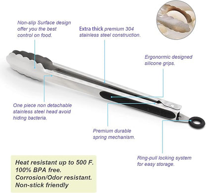 304 Stainless Steel Kitchen Cooking Tongs, 9" and 12" Set of 2 Sturdy Grilling Barbeque Brushed Locking Food Tongs with Ergonomic Grip, Black (Pack of 2)