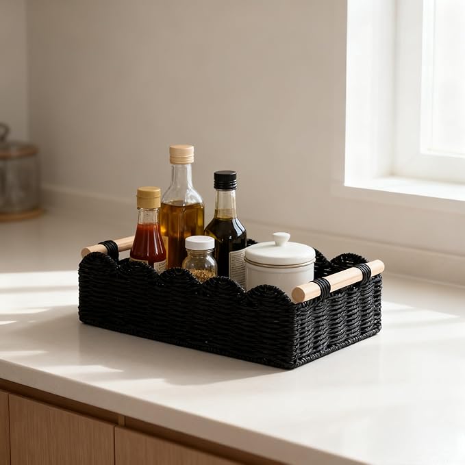 Black Scalloped Edge Storage Baskets with Wood Handle, Set of 2 – Decorative Paper Rope Organizer Bins for Bathroom, Shelf & Countertop