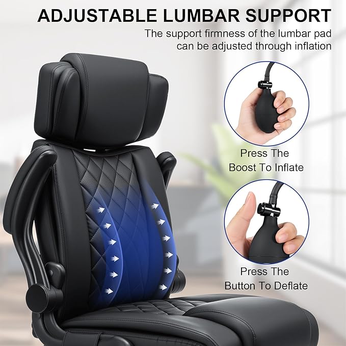 VANSPACE Executive Office Chair with Adjustable Lumbar Support and Headrest 440lbs Ergonomic Computer Chair Comfy High Back Swivel Rolling Office Chair with Flip-up Arms for Heavy People(Black)