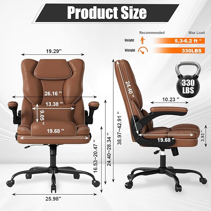 Ergonomic Office Chair with Flip-up Armrests 300lbs,Middle- Tall Computer Office Desk Chair with Lumbar Support,Executive PU Leather Chair with Rocking Function Adjustable Height for Home Office